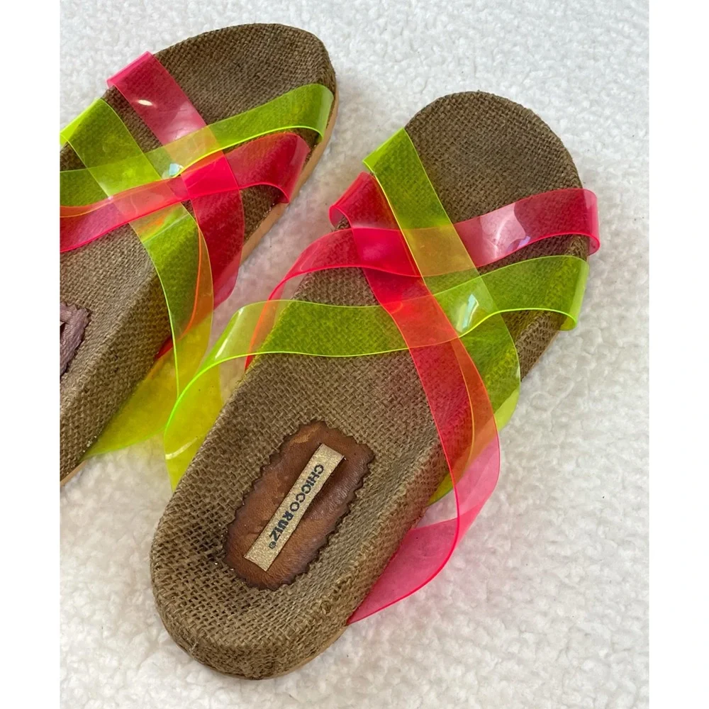 CHICCO RUIZ • Pink and Green Criss Cross Slip-On Sandals, 8.5 - Picture 9 of 16